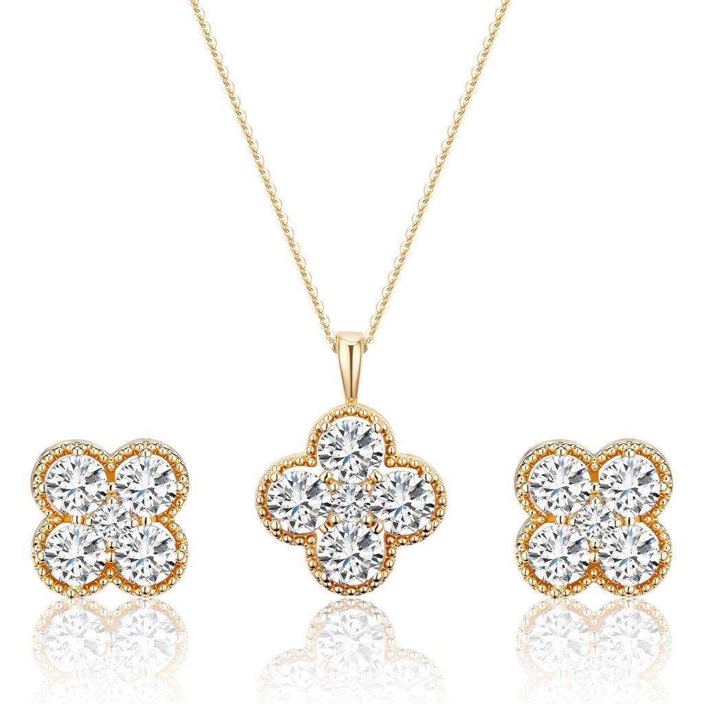 Clover Necklace And Stud Earrings Jewelry Set 14k Gold Plated Dainty Four Leaf L